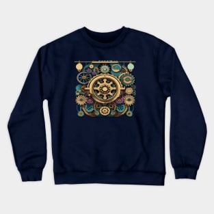 a steampunk-inspired t-shirt with intricate gears, cogs, and mechanical elements, design like tipseason. Incorporate a vintage color scheme and Victorian-era aesthetics for a retro-futuristic look Crewneck Sweatshirt